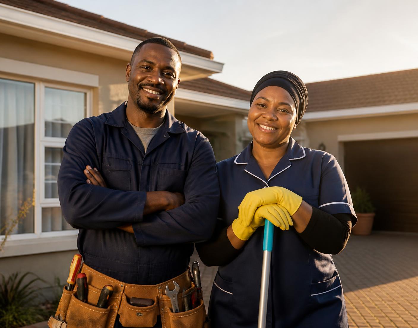 A local handyman and a professional cleaner standing outside a home in Gqeberha